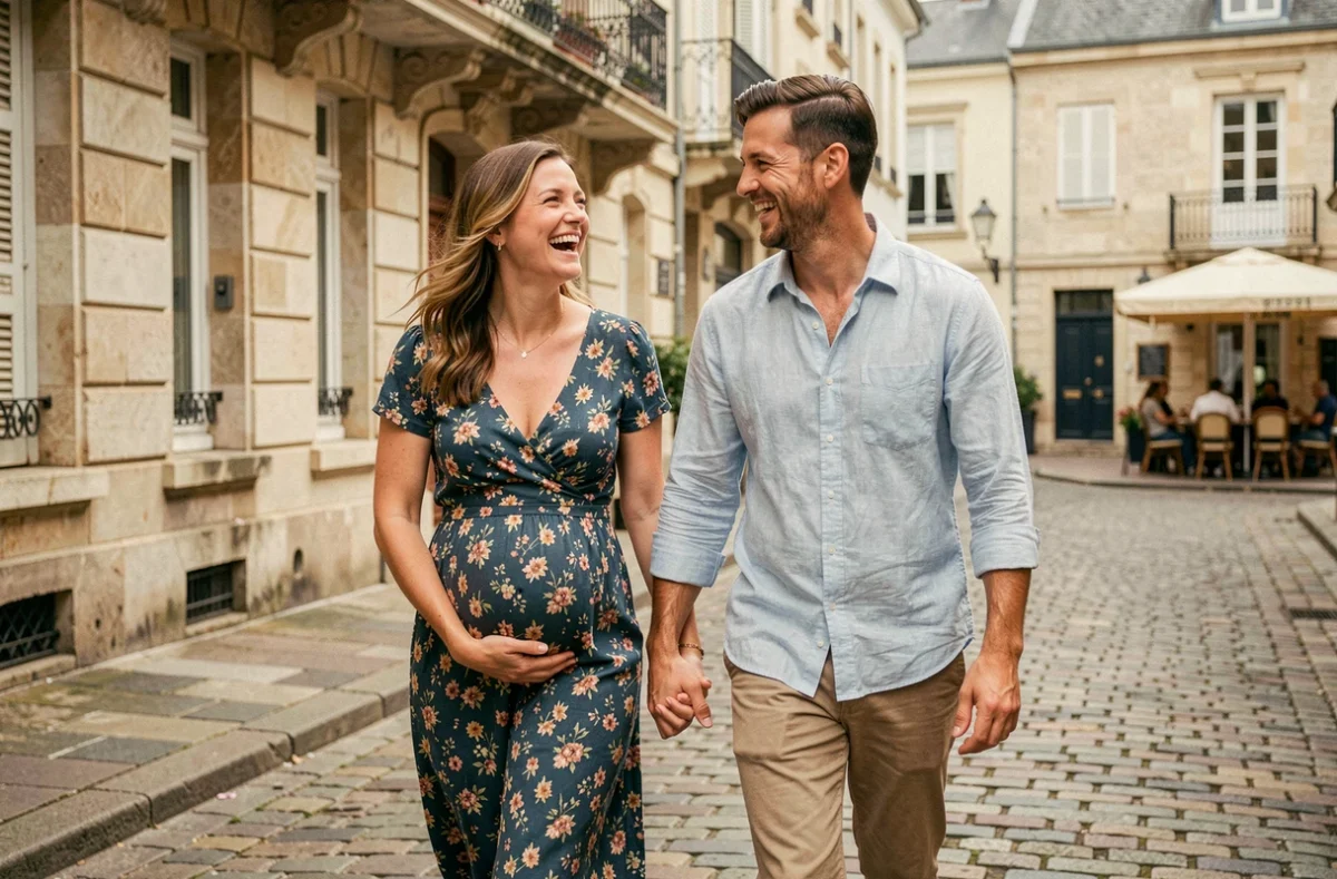 Couple attendant un bébé photographié en balade dans les rues pavées d'Épernay