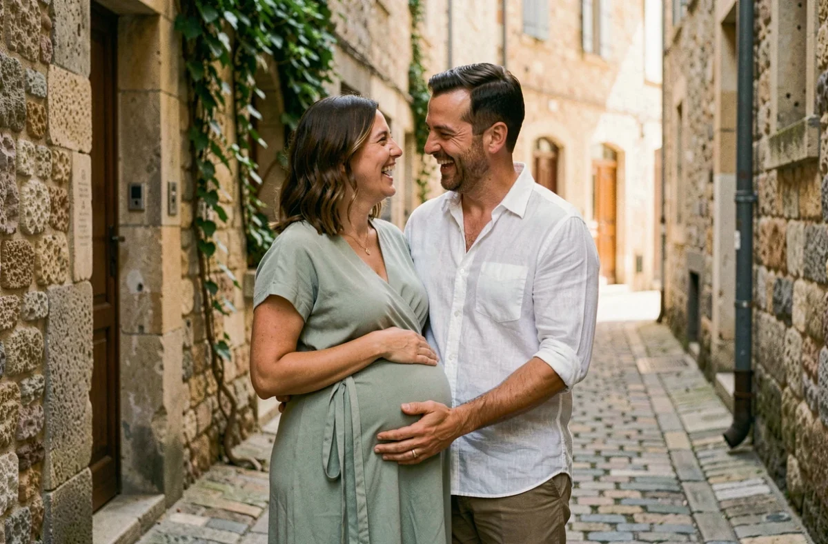 Couple attendant un bébé dans une ruelle historique de l'Écusson à Montpellier, séance photo de grossesse en couple en ville