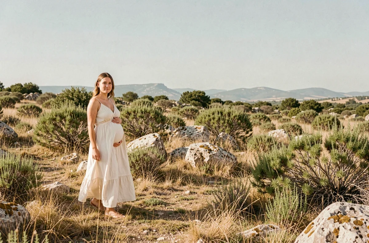 Femme enceinte en robe longue blanche marchant dans la garrigue autour de Montpellier, séance photo grossesse en pleine nature