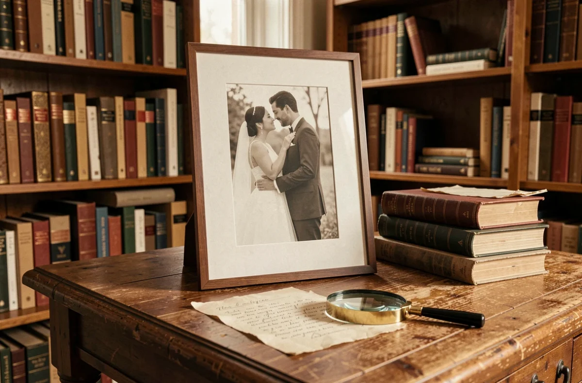 Photo de mariage encadrée posée sur un bureau en bois entourée de notes manuscrites et d'une loupe dans un cabinet de travail