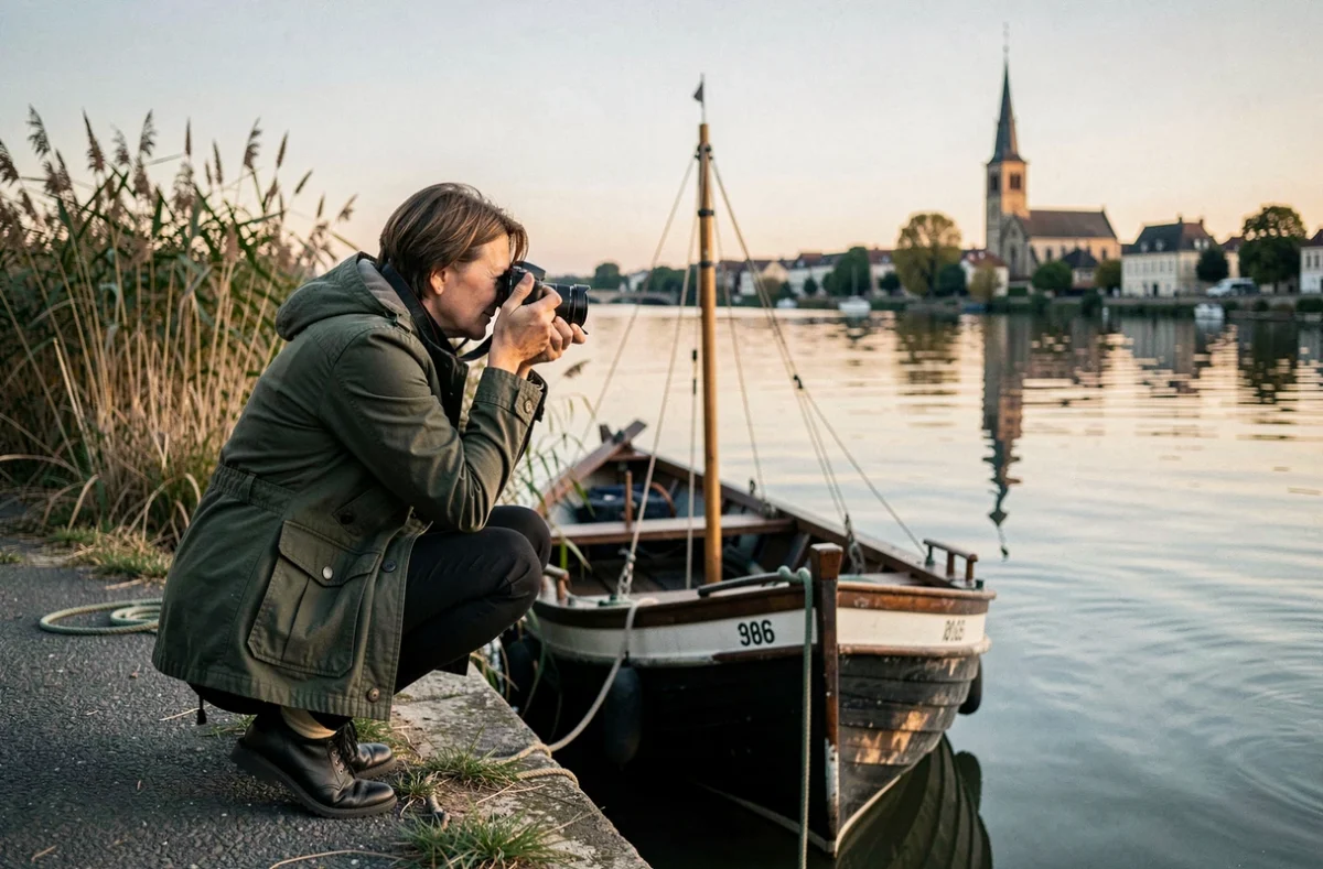 Photographe professionnelle au bord de la Saône à Chalon-sur-Saône photographiant un bateau de pêche traditionnel