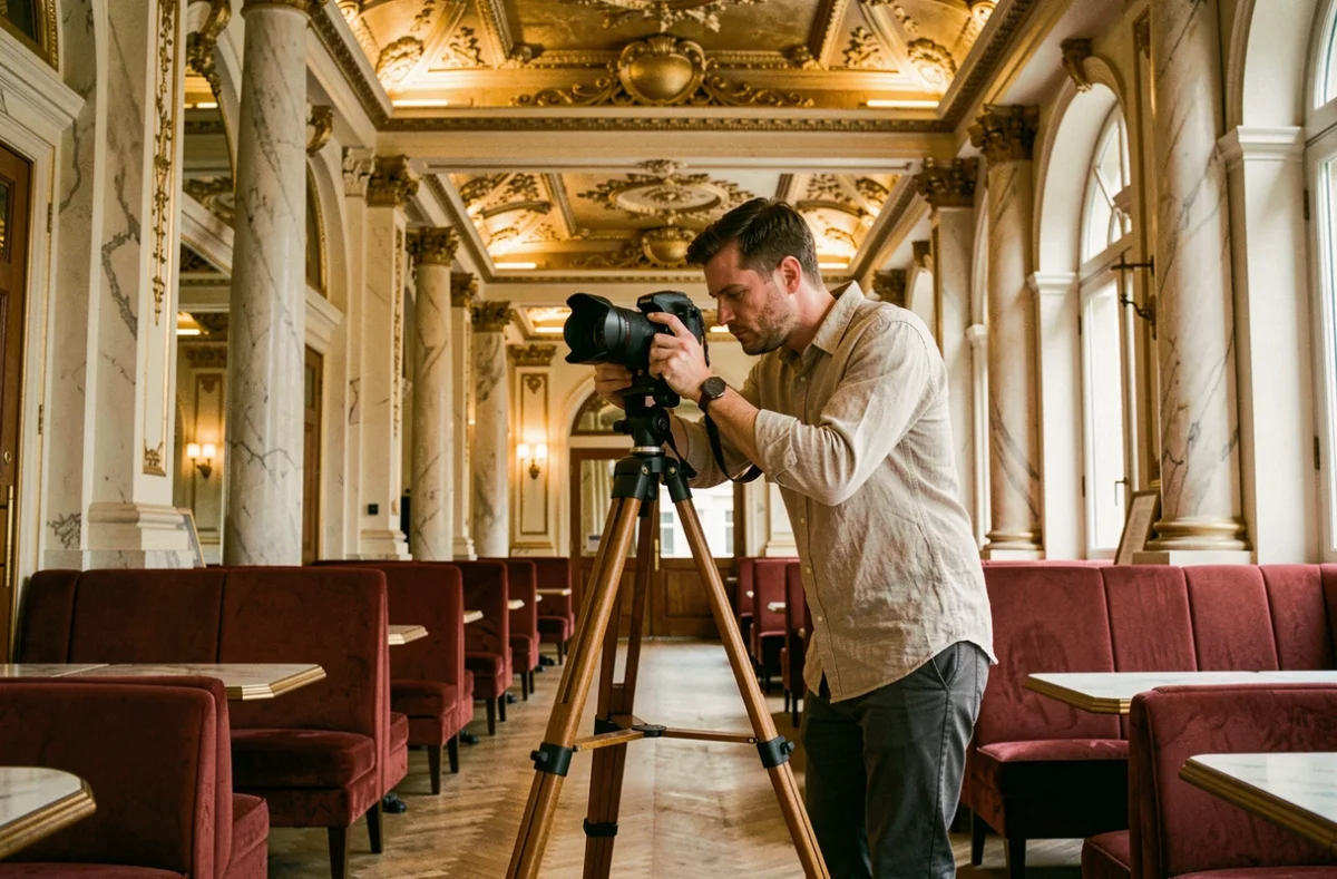Photographe masculin installant son trépied dans un café viennois au décor baroque pour une séance photo professionnelle