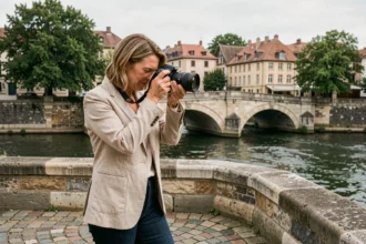Photographe professionnelle devant un pont en pierre sur la Saône à Chalon-sur-Saône