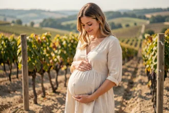 Femme enceinte en robe crème dans les vignes d'Épernay, photo grossesse naturelle en extérieur