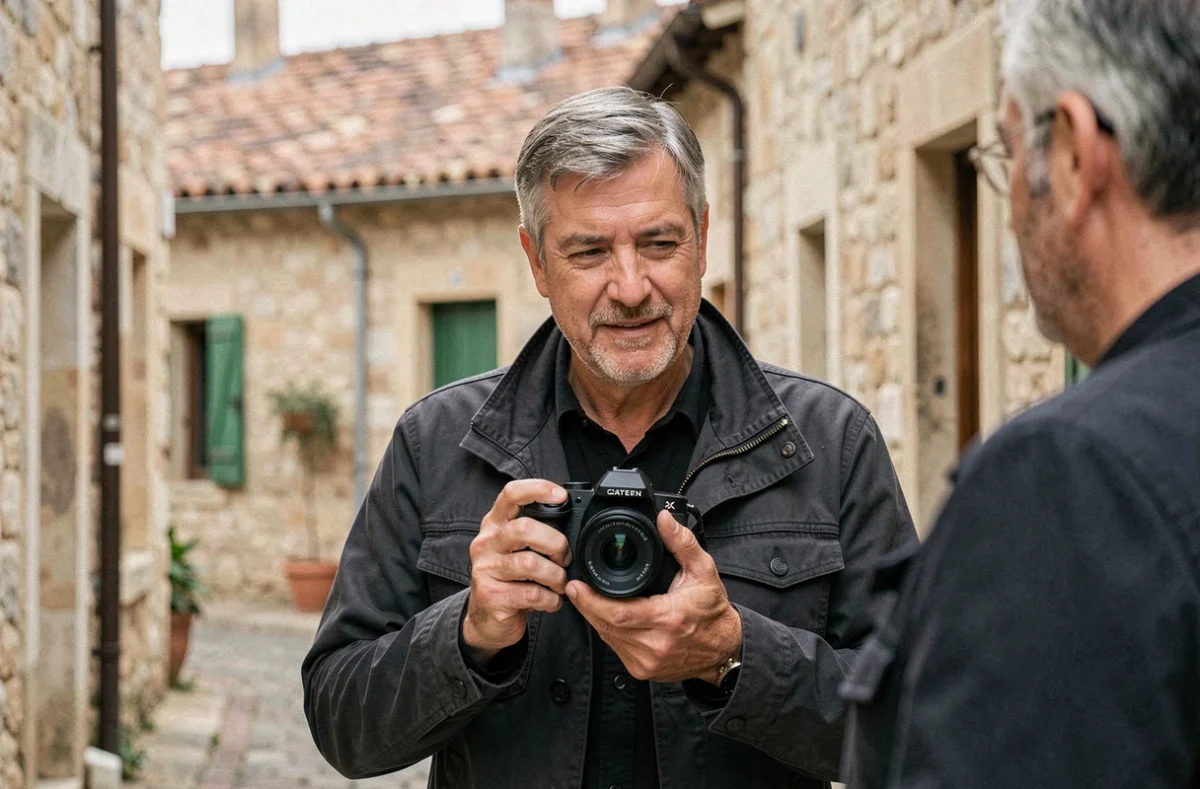 Photographe local discutant d'une prestation avec un client dans une rue de Lunel