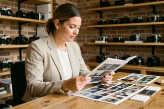 Photographe professionnelle à Lunel comparant des portfolios dans son studio pour choisir la meilleure offre locale