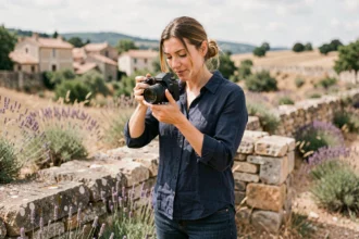 Photographe professionnelle en séance extérieure à Aubenas en Ardèche, réglant son appareil photo devant un paysage de pierre et de lavande