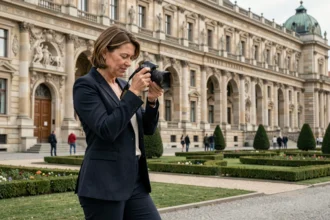 Photographe professionnelle devant le Kunsthistorisches Museum de Vienne examinant ses clichés sur son appareil photo