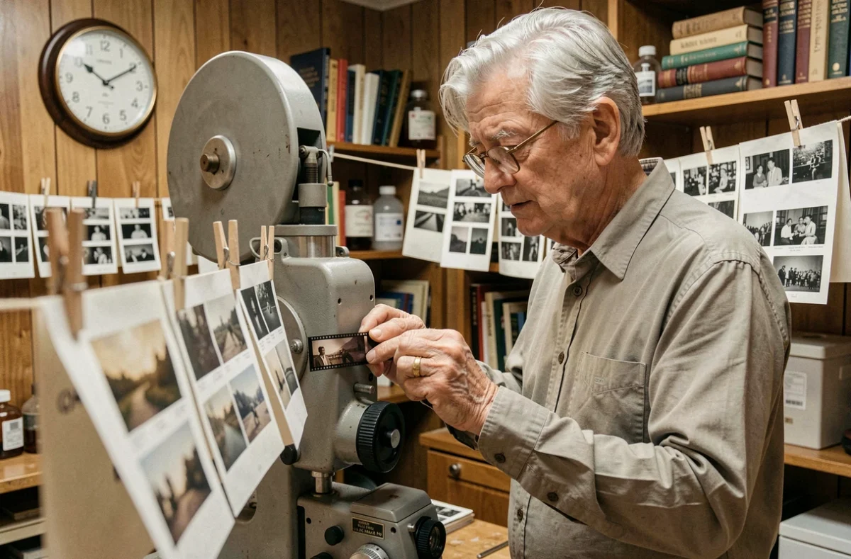 Photographe senior réglant un agrandisseur de chambre noire avec une bande de négatifs 35mm dans un laboratoire photo personnel