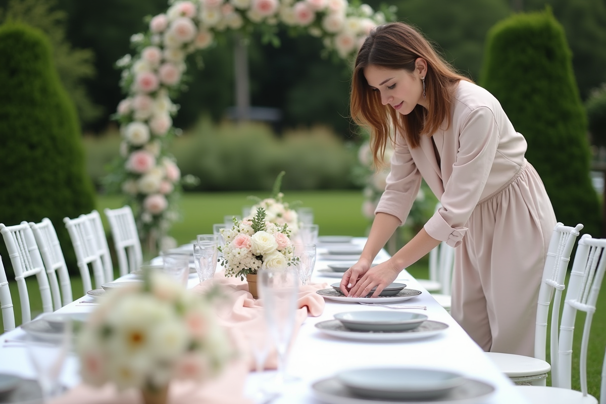 Organisatrice de mariage ajustant la décoration en extérieur