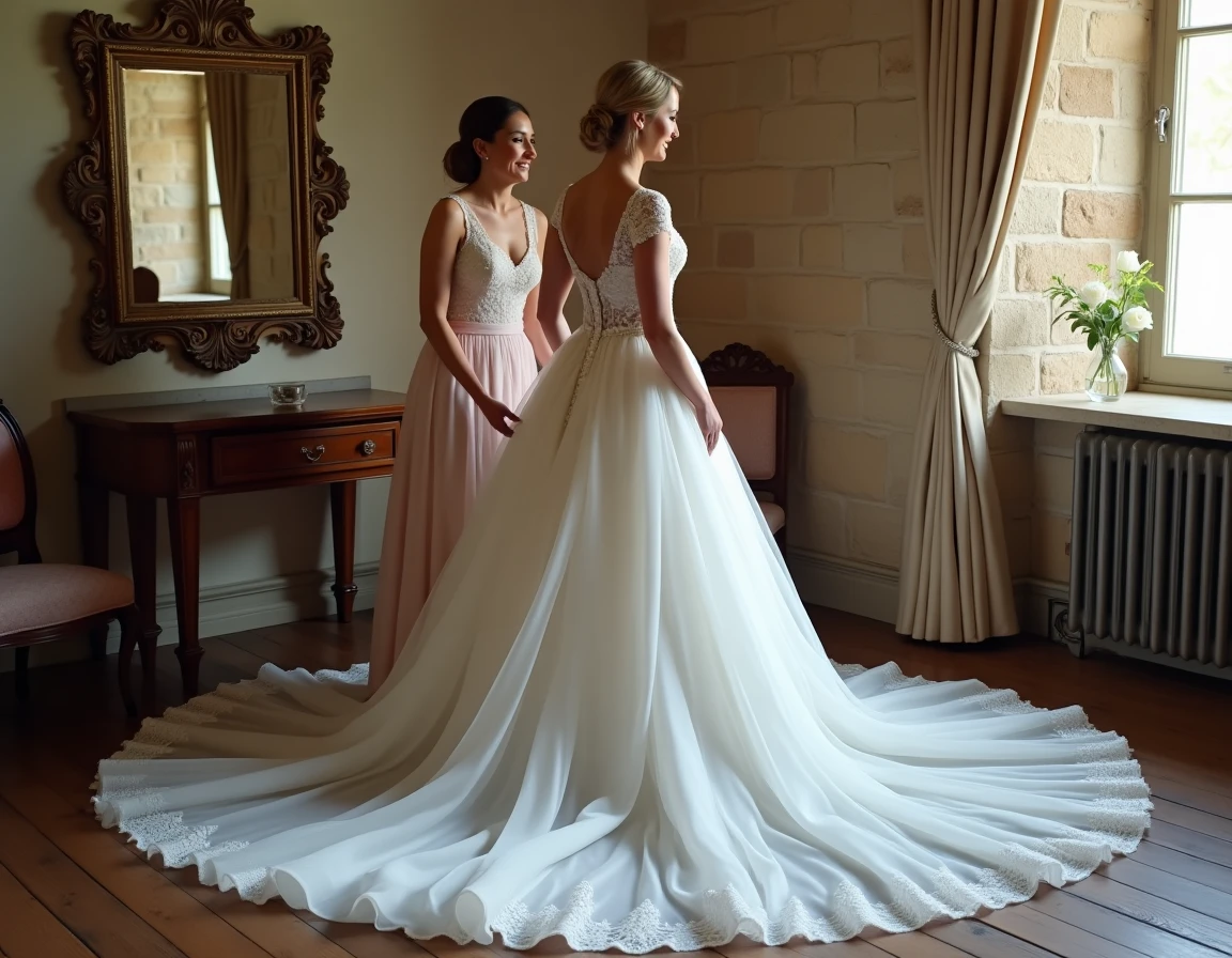 Mariée en robe princesse avec longue traîne aidée par sa demoiselle d'honneur dans la sacristie d'une église