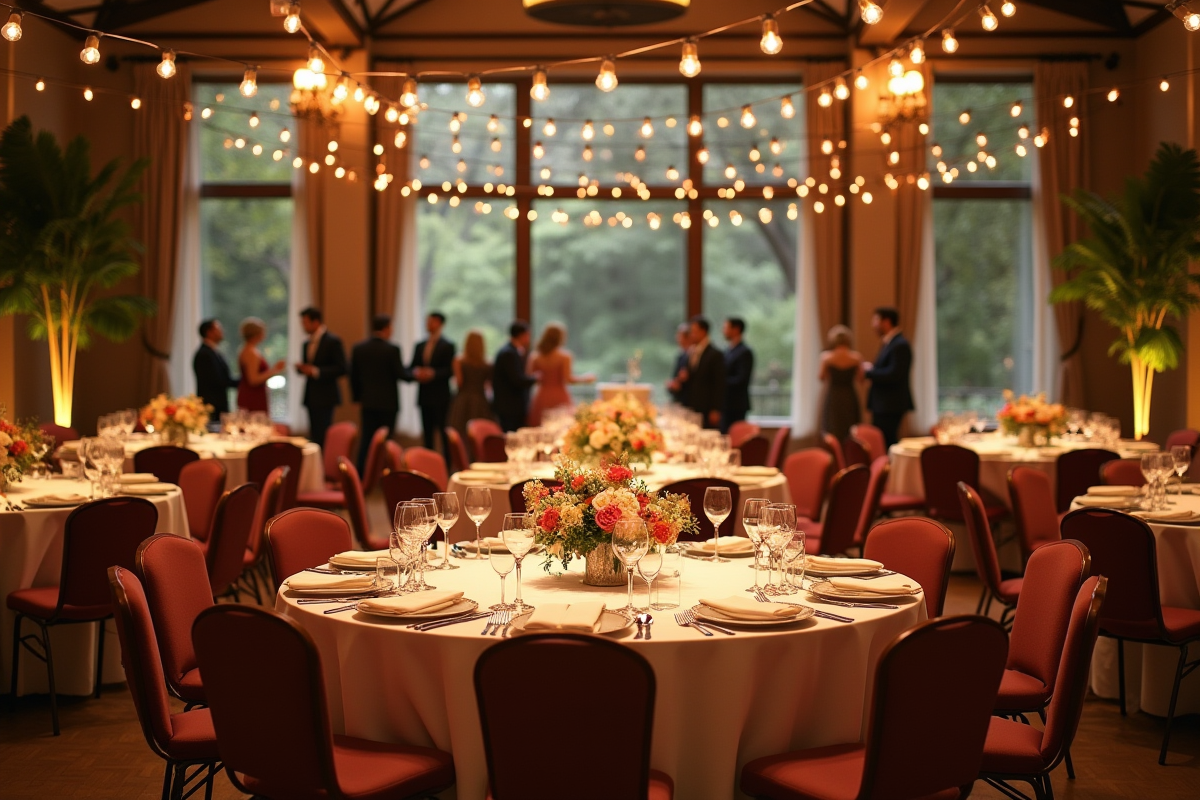 Réception de mariage élégante avec tables décorées et éclairage doux