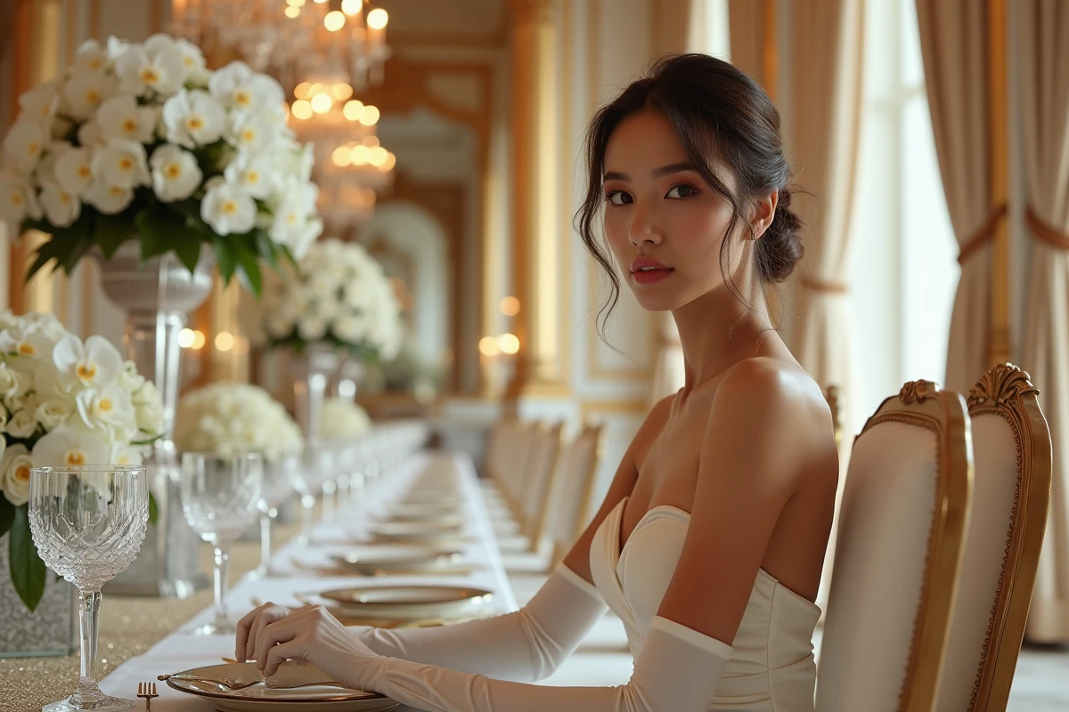 Femme en robe satin blanc lors d'une réception de mariage luxueuse dans un palace parisien avec décor floral extravagant