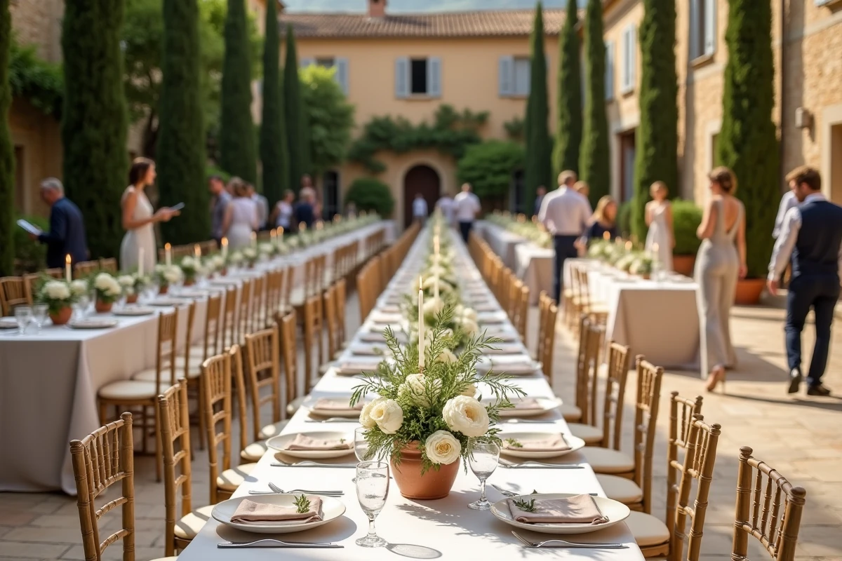 Réception de mariage dans une bastide provençale décorée de fleurs blanches et de bougies en Luberon