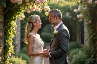 Couple célébrant le renouvellement de vœux après 15 ans de mariage dans un jardin fleuri