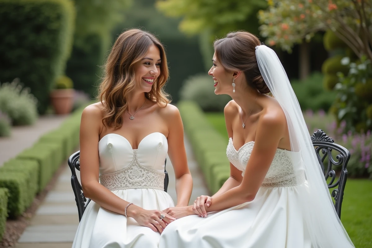 Deux femmes en robes de mariée dans un jardin ensoleille