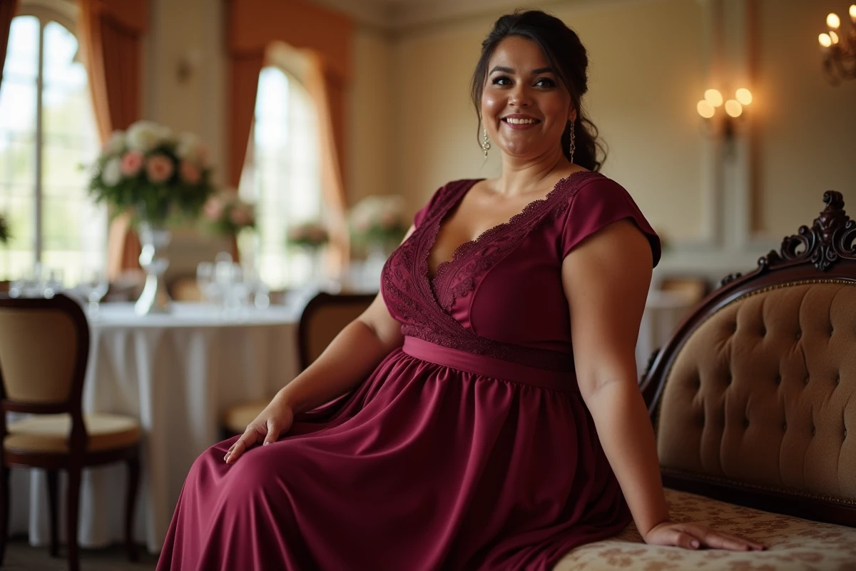Grande taille femme en robe bordeaux mi-longue avec dentelle assise lors d'une réception de mariage