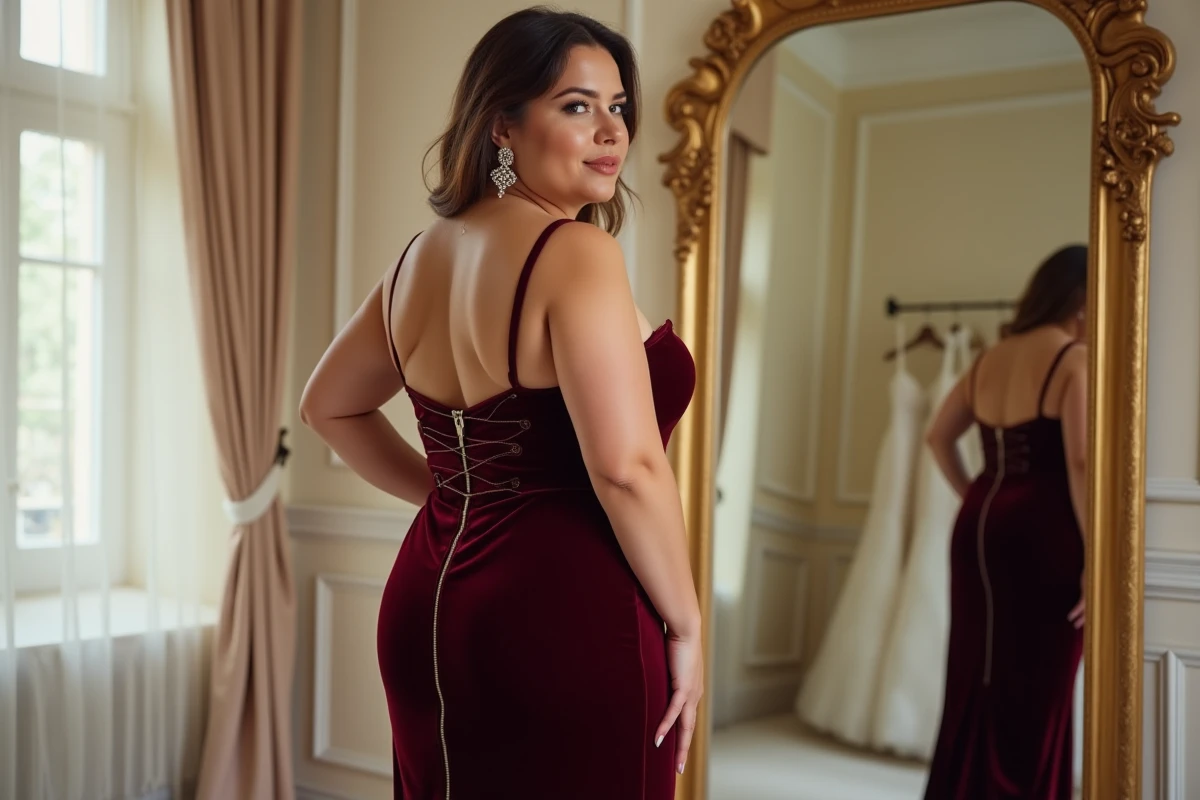 Femme grande taille en robe de mariée bordeaux velours devant un miroir dans une boutique de mariage