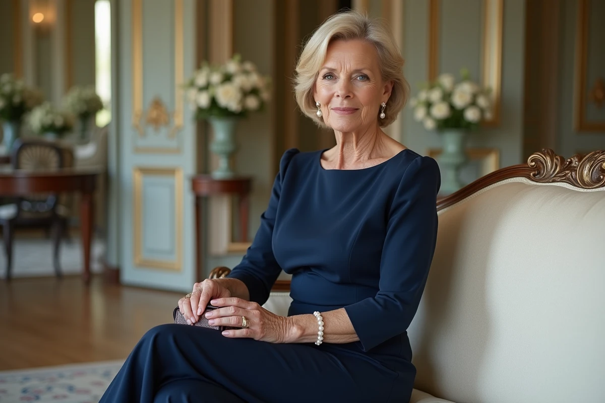 Belle-mère en robe bleu marine structurée assise dans un salon de château lors d'une réception de mariage