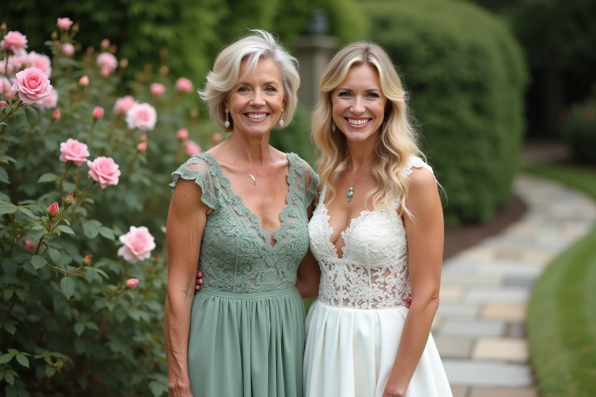 Maman de la mariée en robe verte sauge dentelle aux côtés de la mariée dans un jardin fleuri