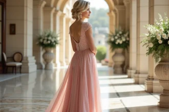 Maman de la mariée en robe longue rose poudré en mousseline de soie dans un hall de réception élégant