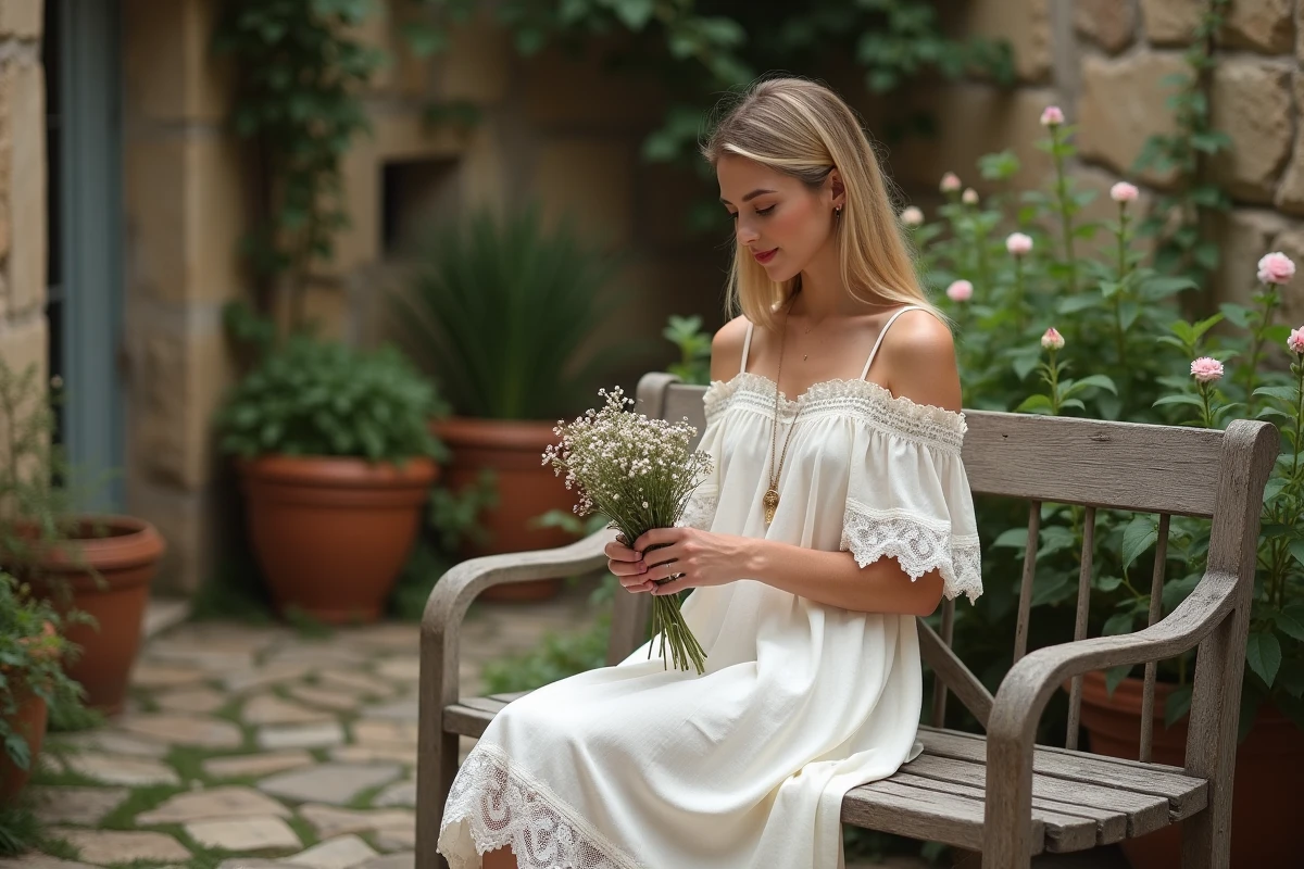 Femme blonde en robe champêtre évasée en coton blanc broderie anglaise assise dans un jardin de pierres, coupe en A qui flatte la silhouette