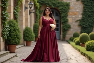 Femme grande taille portant une robe bordeaux longue et élégante pour un mariage dans une cour de château