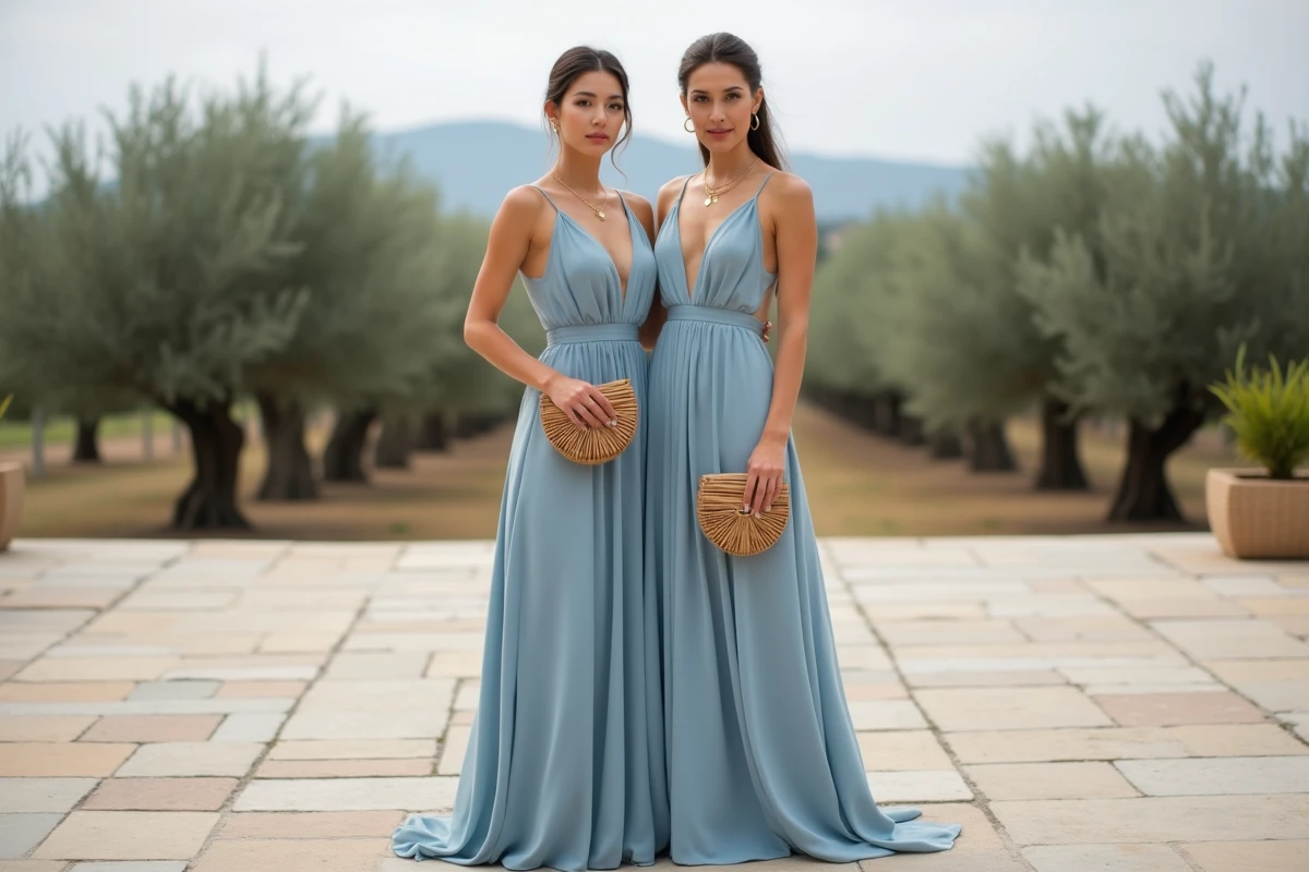 Mariée et demoiselle d'honneur en robes bleu poudré coordonnées avec accessoires dorés assortis sur une terrasse en pierre devant une oliveraie