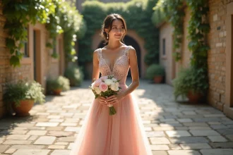 Mariée en robe de couleur rose poudré avec accessoires assortis dorés et perles dans une cour de jardin en pierre