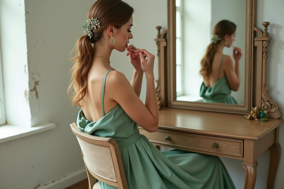 Mariée en robe de mariage vert sauge satiné ajustant un peigne doré devant un miroir arrondi dans une pièce lumineuse