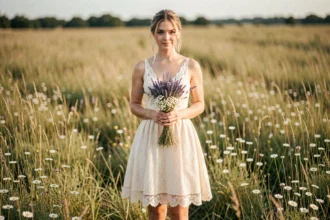 Mariée en robe courte en dentelle ivoire dans un champ de fleurs sauvages pour un mariage champêtre
