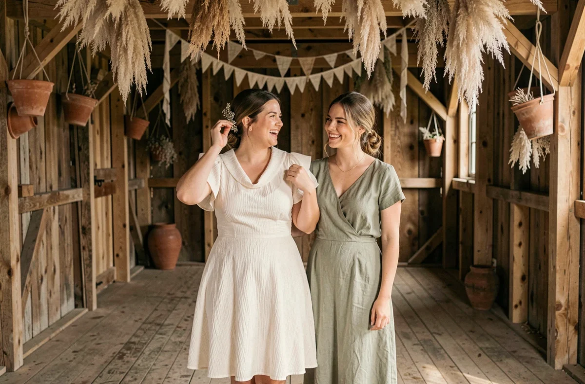 Mariée en robe courte en mousseline avec flutter sleeves riant avec sa demoiselle d'honneur dans une grange décorée pour un mariage champêtre
