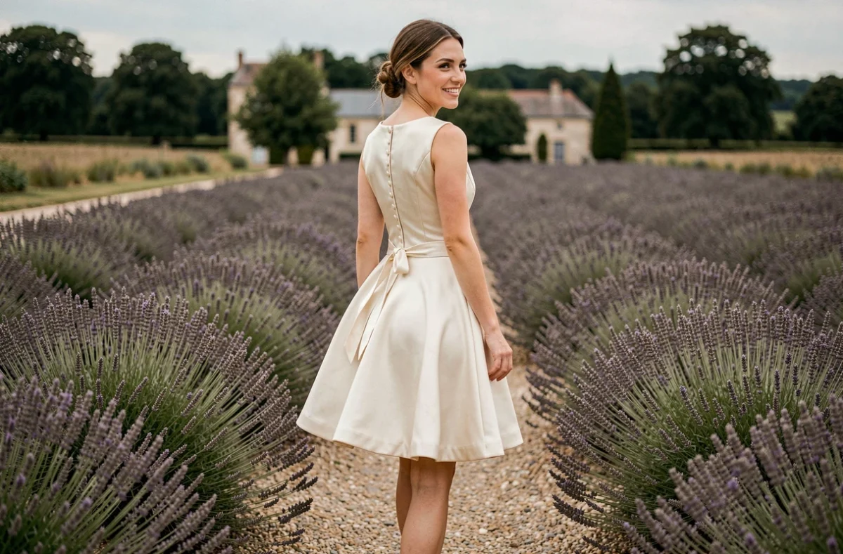 Mariée en robe courte en satin structuré marchant sur un chemin de gravier bordé de lavande à la campagne