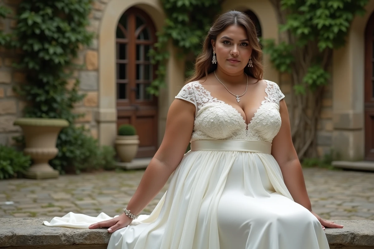 Mariée ronde en robe empire en crêpe blanc brodé assise sur un banc en pierre dans une cour de château rustique, expression sereine et naturelle