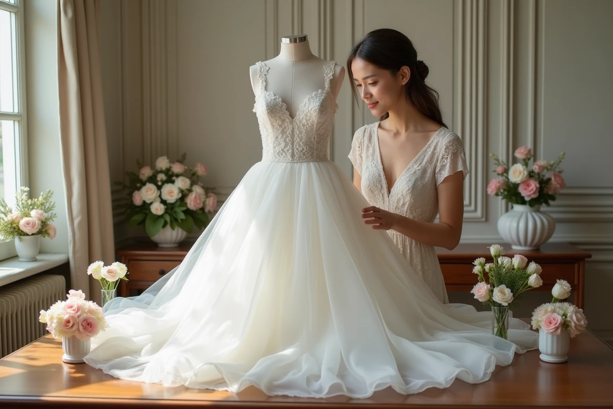 Jeune femme souriante arrangeant sa robe de mariage vintage