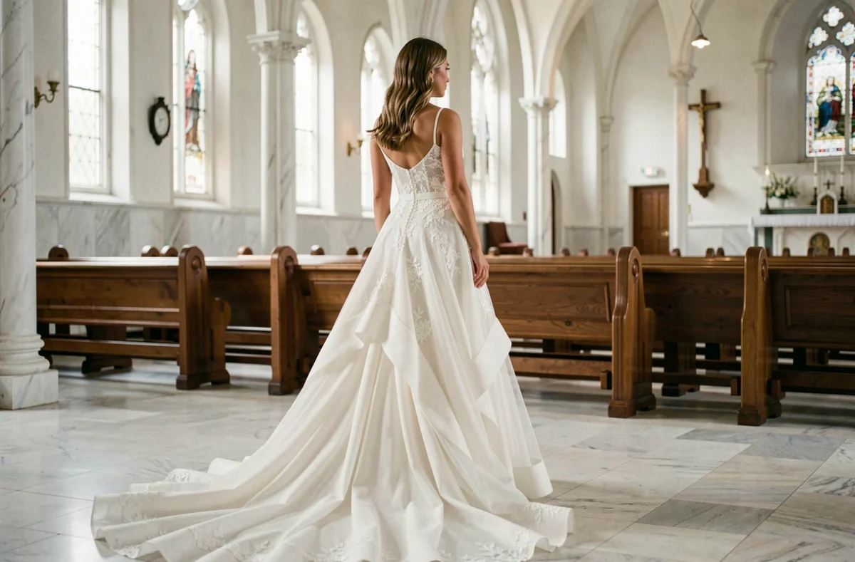 Dos d'une mariée à morphologie sablier portant une robe asymétrique courte devant longue derrière en dentelle et tulle dans une église en marbre blanc