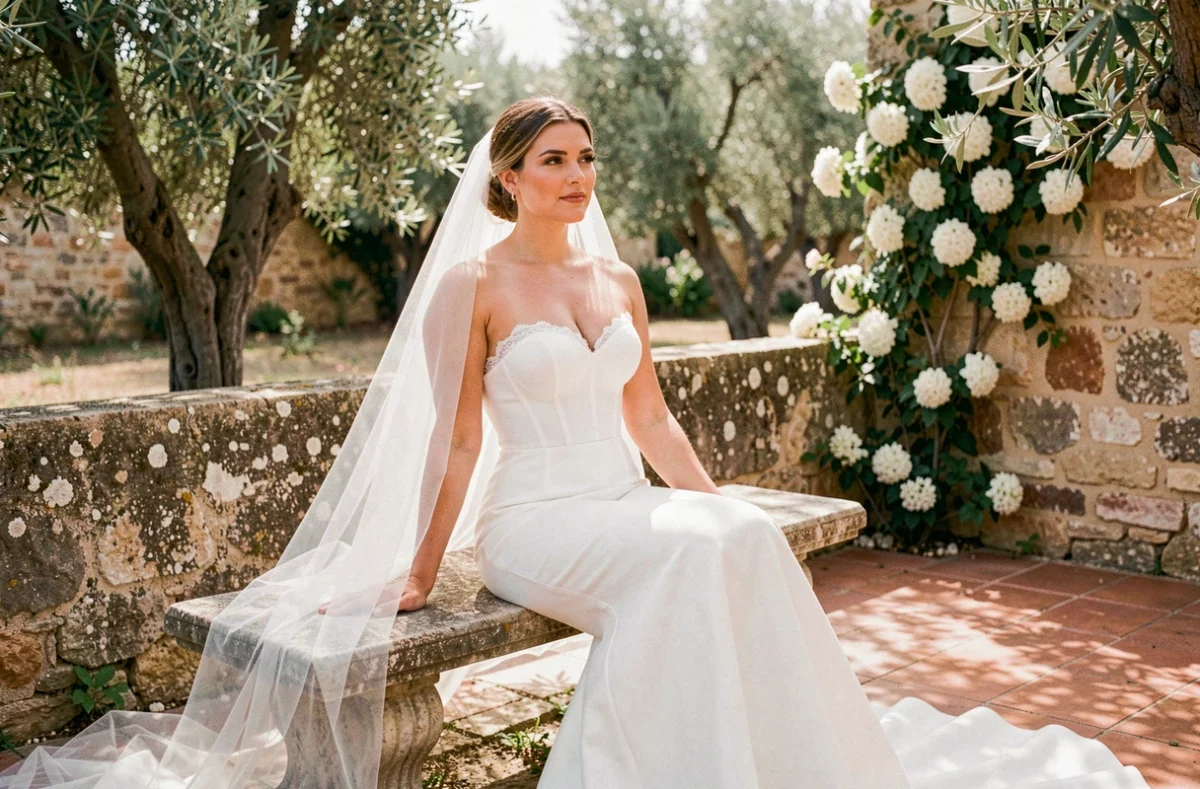 Mariée en robe bustier sirène crêpe blanc assise dans un jardin méditerranéen en Provence, voile et traîne visibles