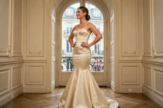 Femme portant une robe de mariée bustier sirène en satin ivoire dans un salon parisien élégant, vue de profil en pied