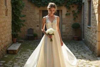 Mariée en robe ivoire en satin et dentelle dans une cour de château en pierre, tenant un bouquet de pivoines blanches, ambiance élégante et romantique 2026