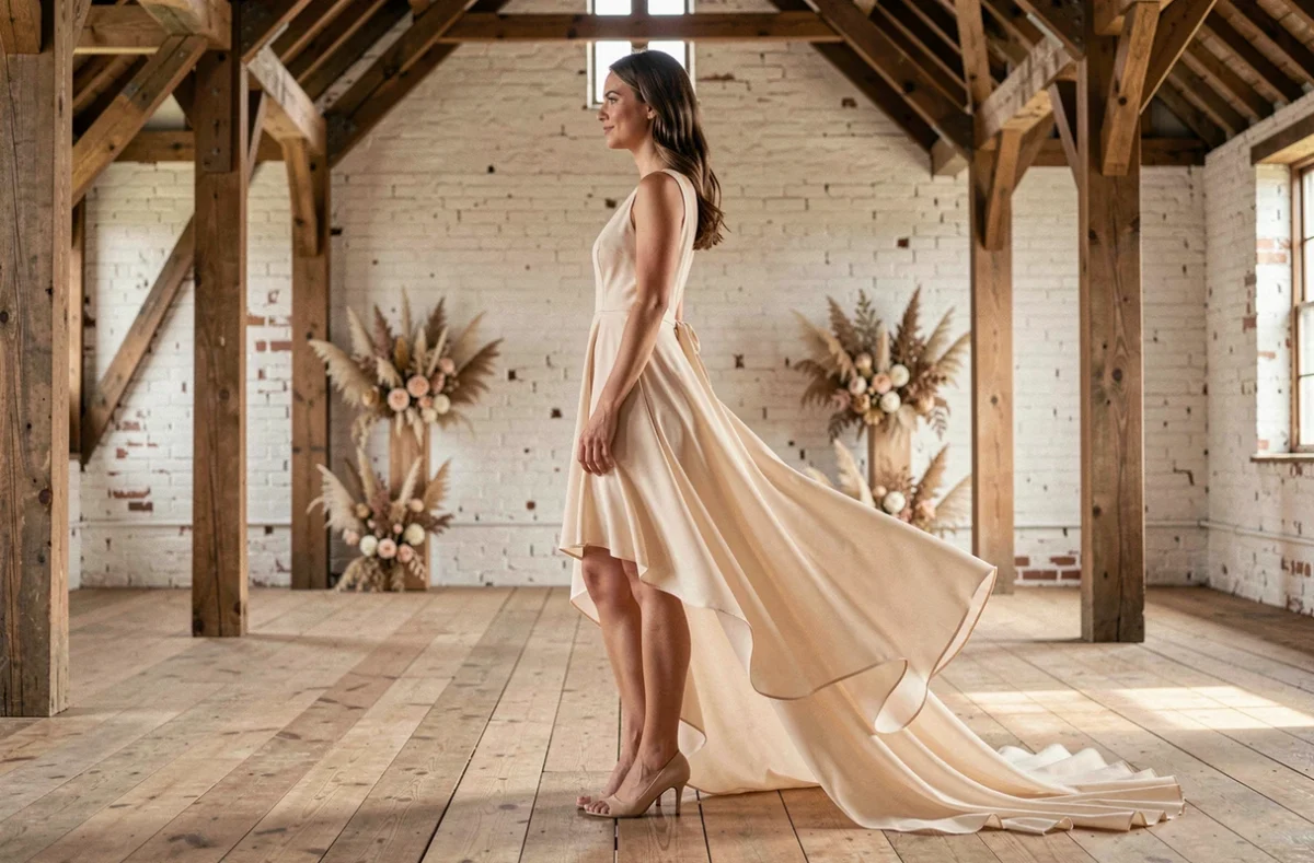 Profil d'une mariée mince en robe chiffon champagne courte devant longue derrière dans une grange rénovée avec poutres en bois, montrant la silhouette asymétrique complète