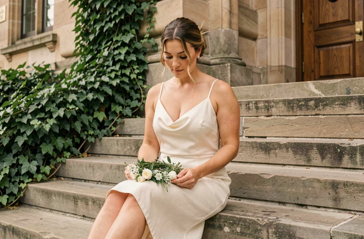 Mariée en robe nuisette ivoire assise sur les marches d'une mairie entourée de verdure, couronne de fleurs posée sur les genoux