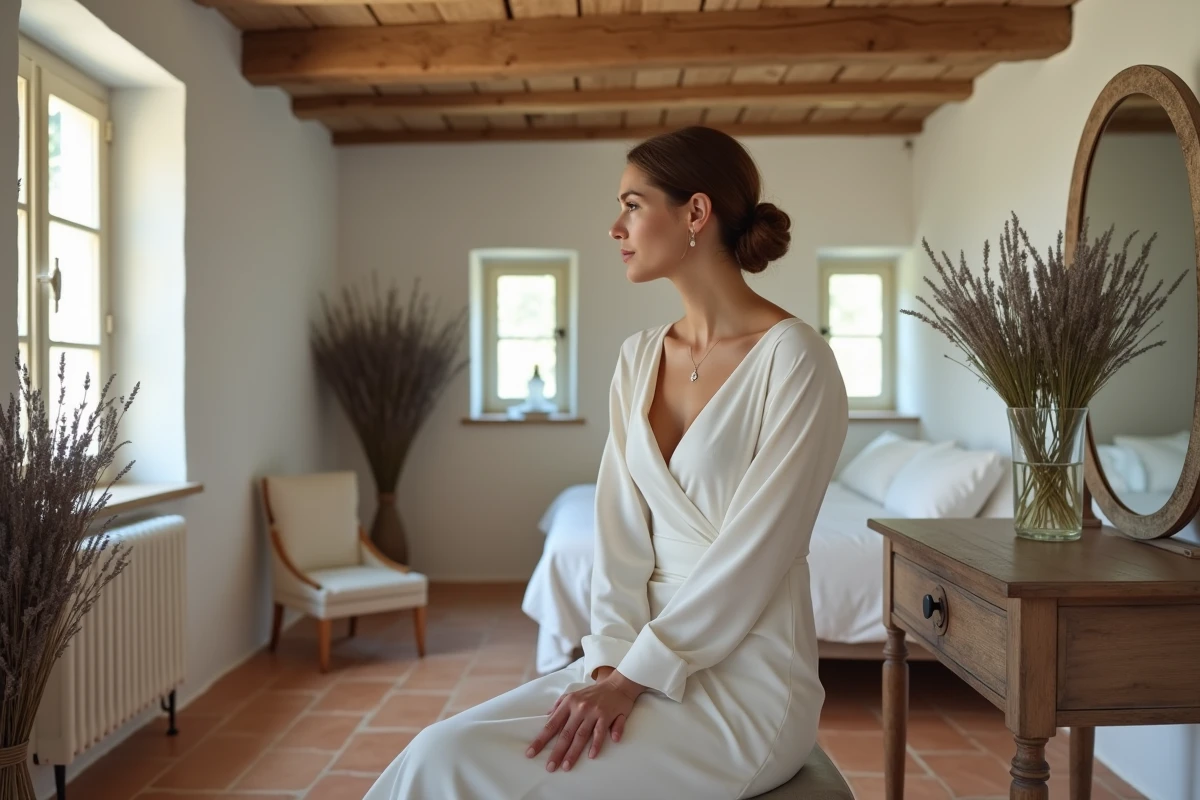 Mariée en robe de mariée minimaliste en crêpe assise devant une coiffeuse en bois dans une chambre de mas provençal, reflet dans un miroir ancien, ambiance intime et authentique