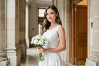 Femme portant une robe de mariée blanche courte en dentelle dans un couloir de mairie élégant, bouquet de fleurs blanches à la main