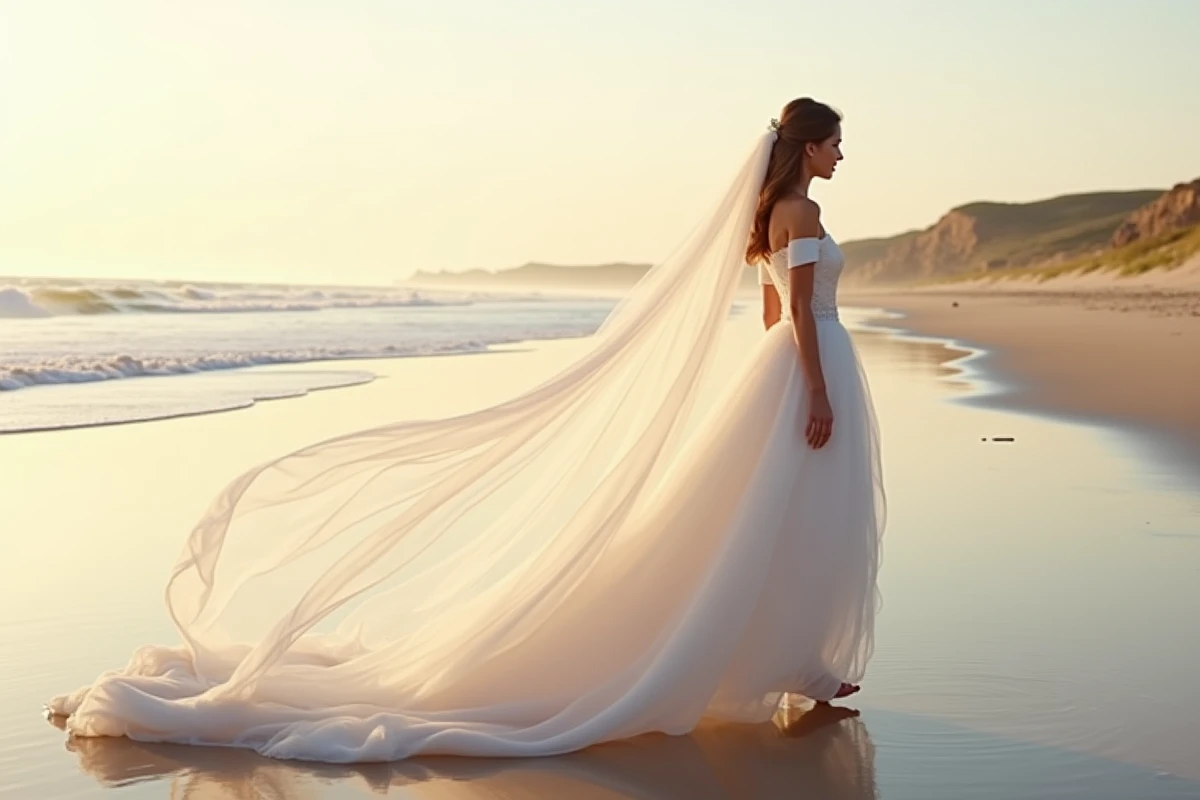 Mariée en robe de mariée en tulle blanc marchant sur la plage en bord de mer, voile au vent, ambiance côtière douce et naturelle pour 2026