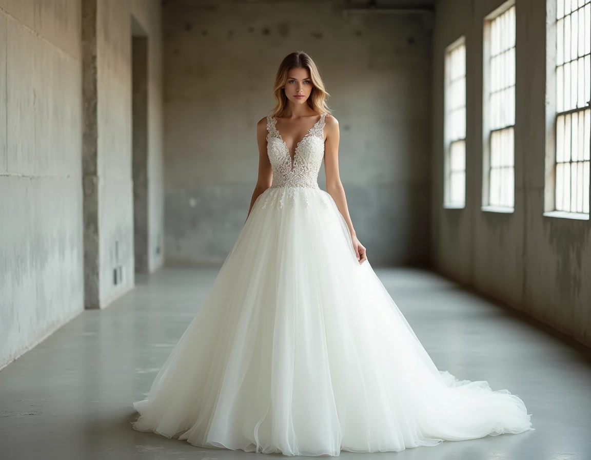 Robe de mariée princesse dentelle moderne dans un loft industriel minimaliste