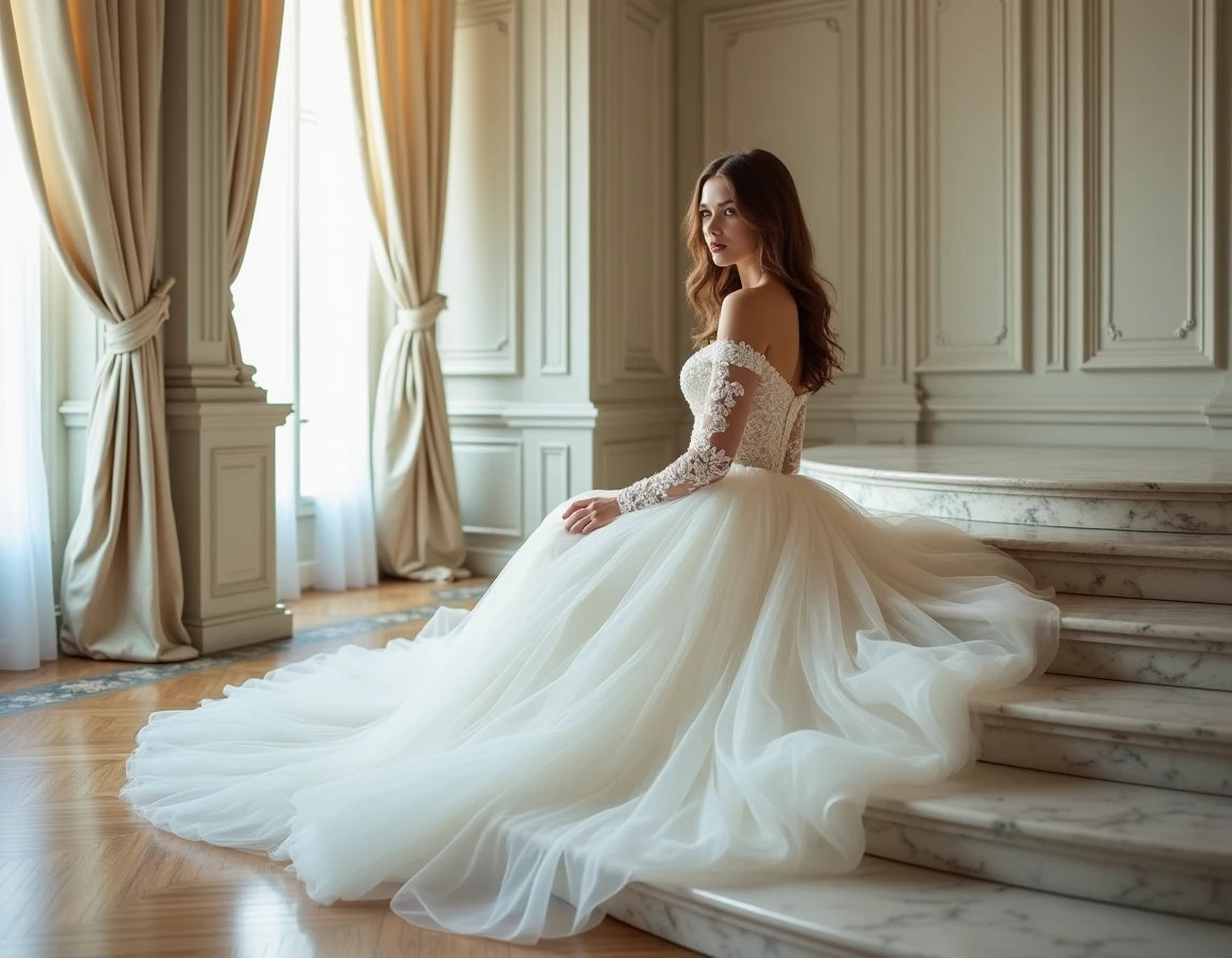 Mariée assise en robe princesse dentelle tulle sur escalier en marbre d'un intérieur haussmannien