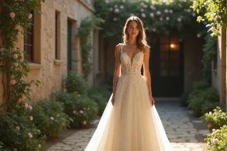 Mariée en robe princesse dentelle et tulle dans un jardin romantique avec murs en pierre