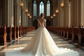 Mariée en robe princesse ivoire avec longue traîne cathédrale étalée sur le sol en marbre d'une église gothique