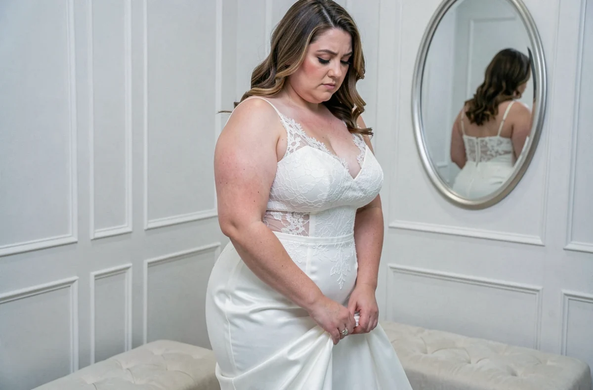 Femme ronde en robe de mariée sirène dans une cabine d'essayage, coupe trop ajustée aux hanches