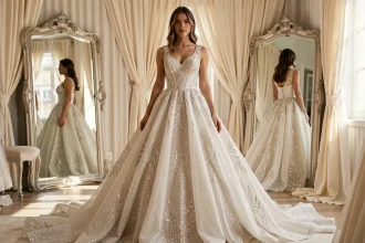 Jeune mariée en robe princesse strass et paillettes dans une boutique de mariage élégante, vue en pied